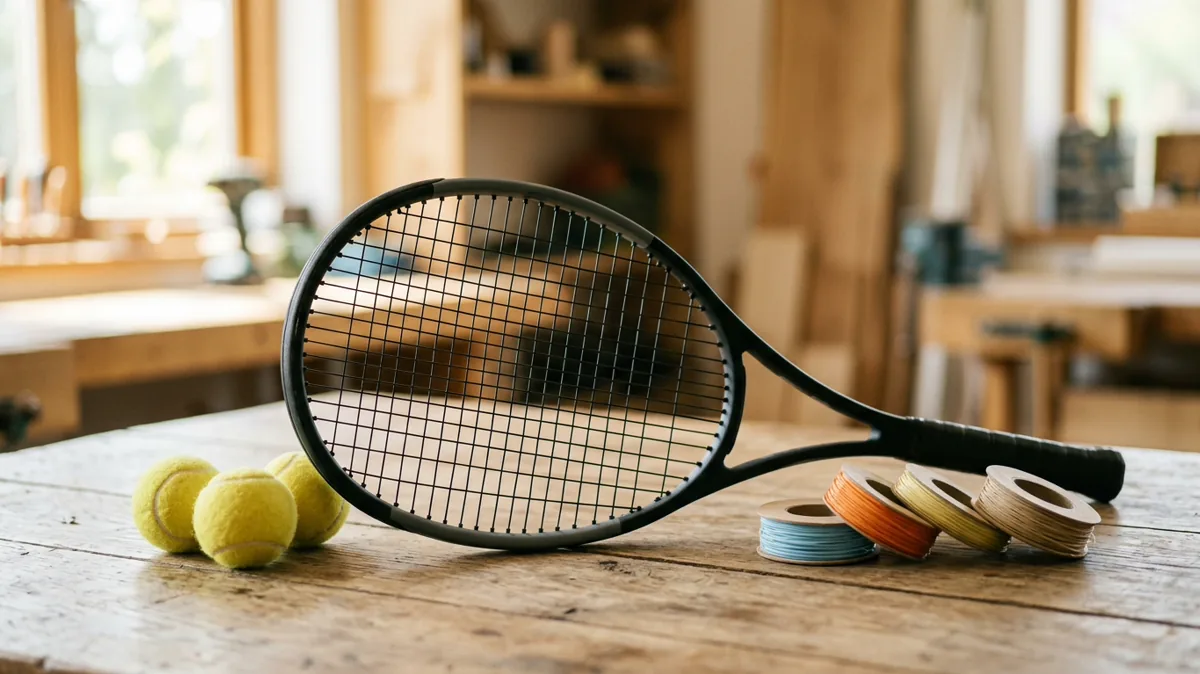 Tennisschläger mit Saitenrollen und Tennisbällen auf einem Holztisch