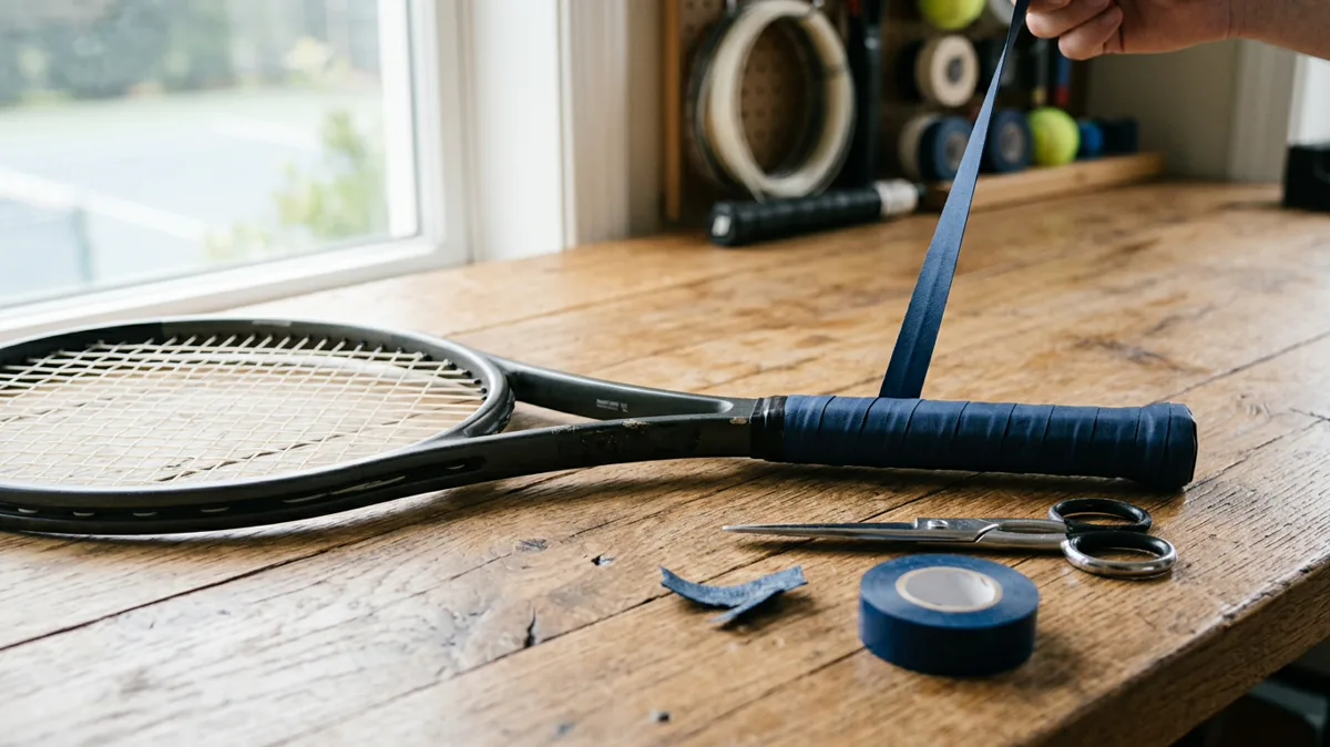 Tennisschläger mit teilweise gewickeltem Griffband, daneben Schere und Klebestreifen