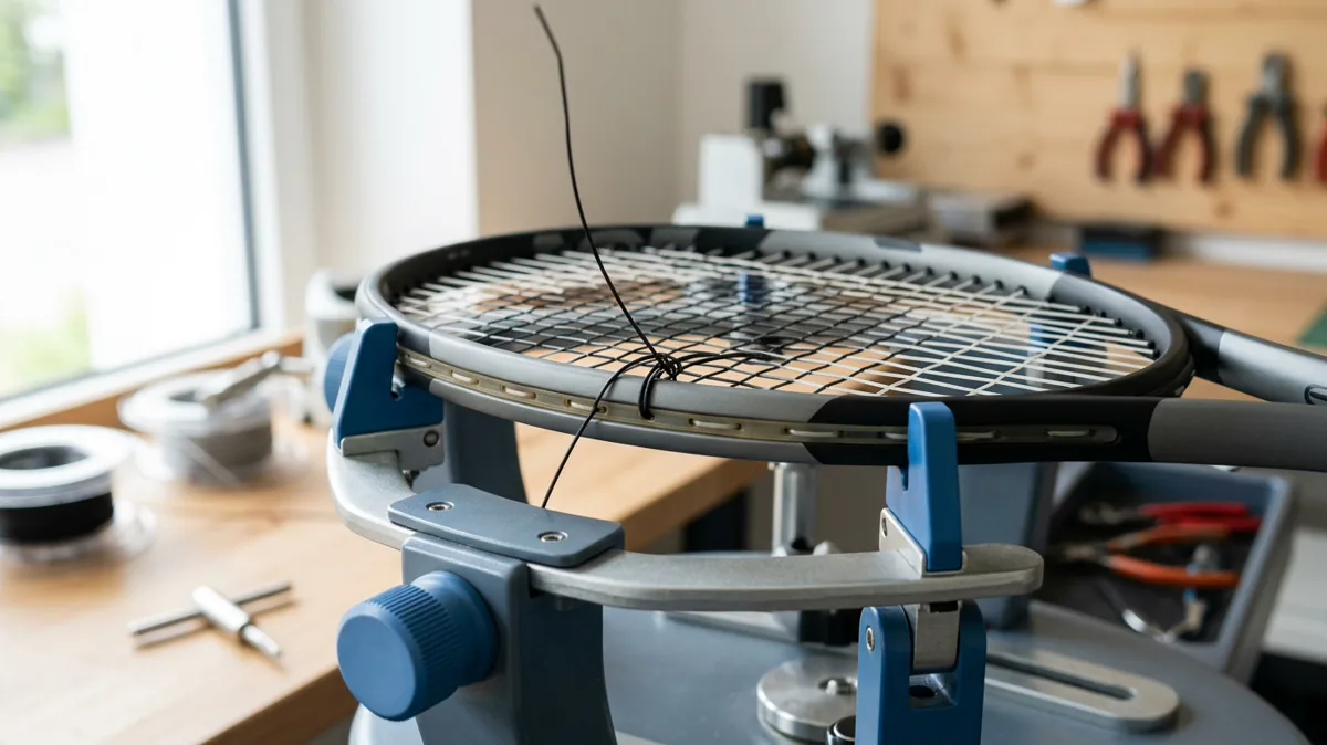 Tennisschläger in einer Besaitungsmaschine eingespannt, Nahaufnahme der Saiten